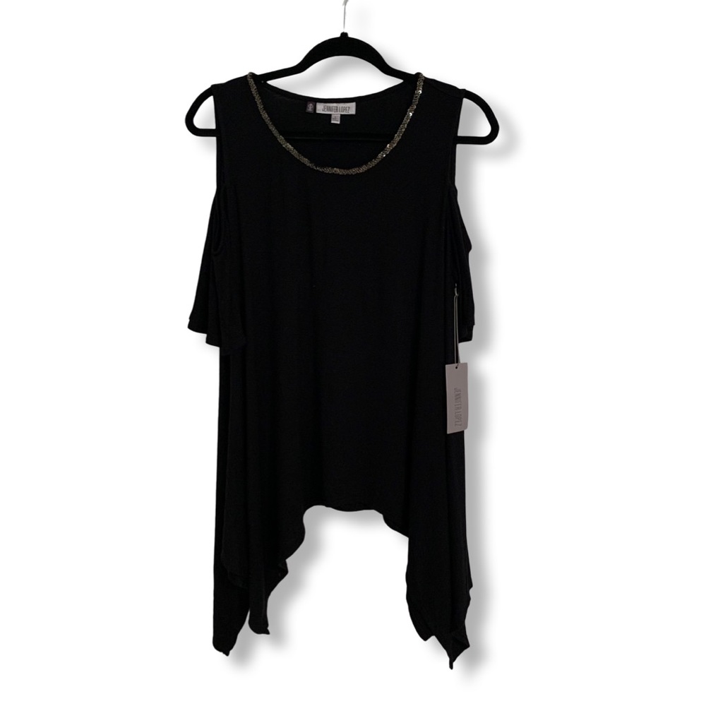 NWT Jennifer Lopez JL Womens Size Large Cold Shoulder Tunic with Beaded Neckline